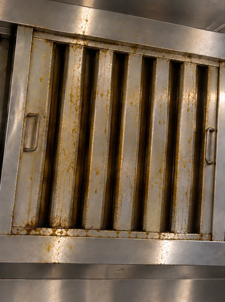Vetfilters van een afzuigkap, overdekt met ingebrande vetstrepen, voor reiniging.